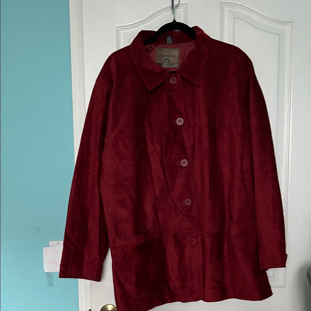 St. John's Bay Deep Red Trench Coat layered suede leather